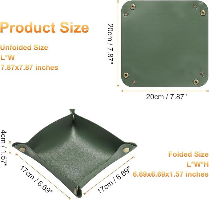 HARFINGTON 2pcs PU Leather Valet Tray Unisex Folding Small Catchall Tray Portable Entryway Table Tray Nightstand Bedside Desk Tray for Key Wallet Watch Coin Jewelry Dice, Green