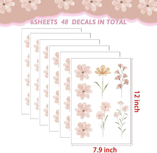 48 PCS Boho Flower Stickers Daisy Wall Decals for Girls' Rooms, Playrooms, and Nurseries Dual Layer Print for High Coverage Removable Peel and Stick Wall Decor