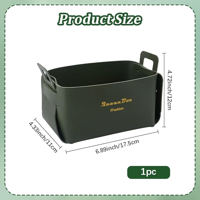 Foldable Storage Basket Bin PU Leather Desktop Organizer Box Green Small Catchall Basket Rectangle Tray Double Handles for Entryway Bedside Dresser End Table Cosmetic Jewelry Key Wallet