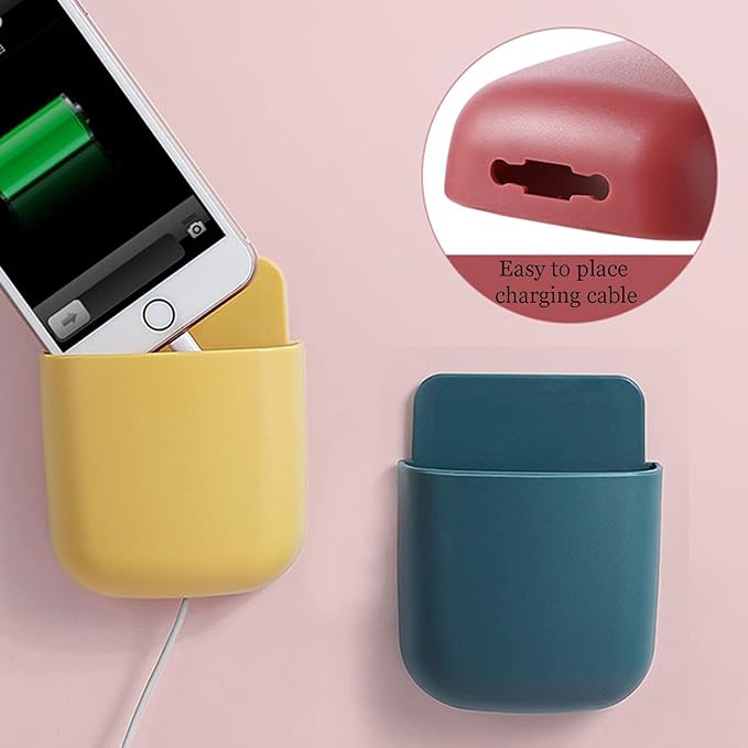6Pcs Wall Mount Phone Holders Remote Control Holder Bedside No Drilling Sticker Storage Box Cell Phone Charger Stand Bracket for Home Kitchen Bedroom Bathroom Office (Blue Green Pink Red White Yellow)