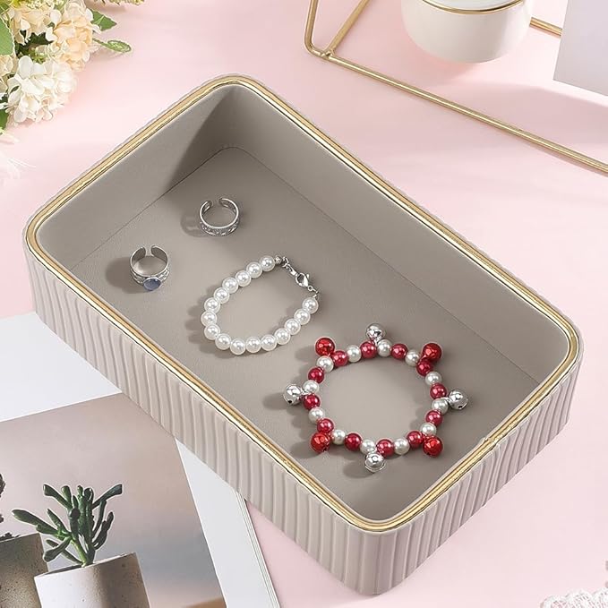 Beebeecraft PU Leather Valet Tray Small 9.6x6x2 Inch Rectangle Desktop Storage Box Bedside Nightstand Vanity Without Lid for Cosmetic Jewelry Watch Keys Phone Wallet Remote Controller Pen (Dark Gray)