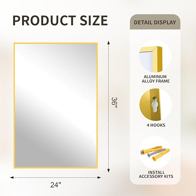 FICTOR Bathroom Vanity Mirror-Gold,36x24 Inch, Shatterproof & Anti-Rust, Wall Mount Rectangle Mirrors with Metal Frame for Over Sink, Bathroom, Bedroom, Living Room,Entryway
