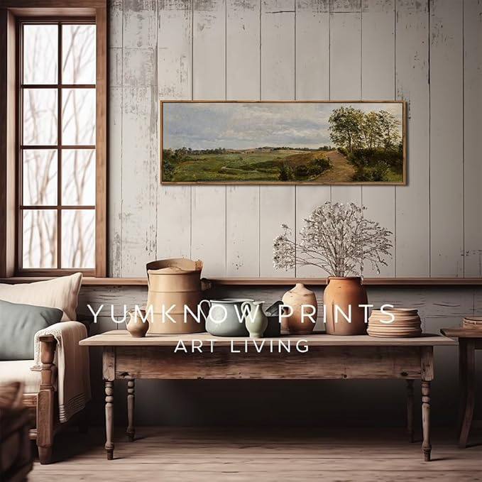 Framed Canvas Wall Art for Bedroom - Long Horizontal 13.5x40" Above the Bed - Vintage Farmhouse French Country Room Decor - Green Trees Forest Landscape - Cottagecore Aesthetic Living Room Botanical