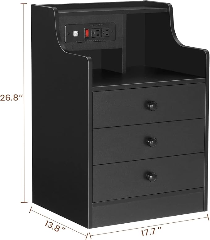 ADORNEVE Night Stand Set 2,Black Nightstand with Charging Station & Hutch,Night Stands for Bedrooms Set of 2,Bedside Table with Drawers