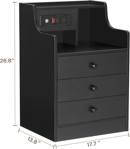 ADORNEVE Nightstand with Charging Station,Black Night Stand for Bedroom,End Table with Hutch & Storage Drawers