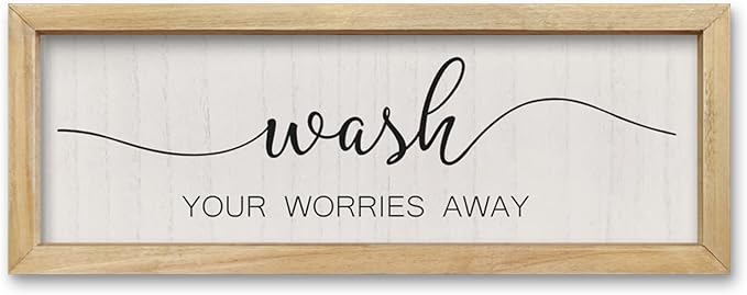 comurdyo Funny Laundry Room Plaque Wash Your Worries Away Bathroom Sign Wall Decor Inspirational Quote 16×6 Inch for above the Bathtub Restroom Small Wooden Framed Wall Hanging Art (Wood)
