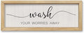 comurdyo Funny Laundry Room Plaque Wash Your Worries Away Bathroom Sign Wall Decor Inspirational Quote 16×6 Inch for above the Bathtub Restroom Small Wooden Framed Wall Hanging Art (Wood)