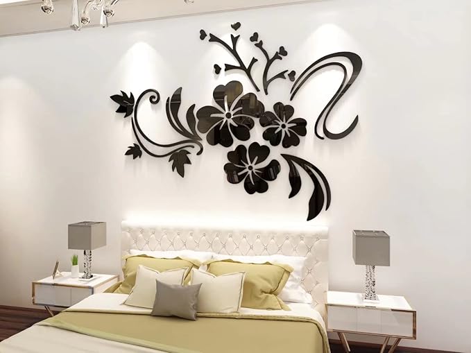 Wall Stickers 3D Flower Mirror - Family Decal Living Room Wall Decor Sticker Home Decorations Room Decor for Office Sofa Bedroom Decals (Black XXL:84 * 112in)