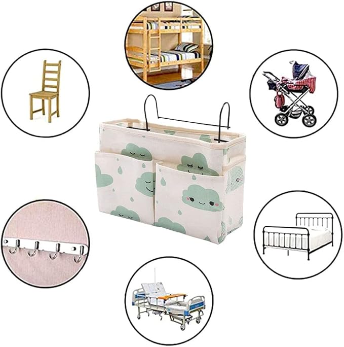 Bedside Caddy Hanging Organizer,Canvas Bag Pockets Basket Multifunction Bedside Organizer for Bunk College Dorm Bed Rails with Magazine Books Phone Cable Tablet Water Bottle,Blue Clouds