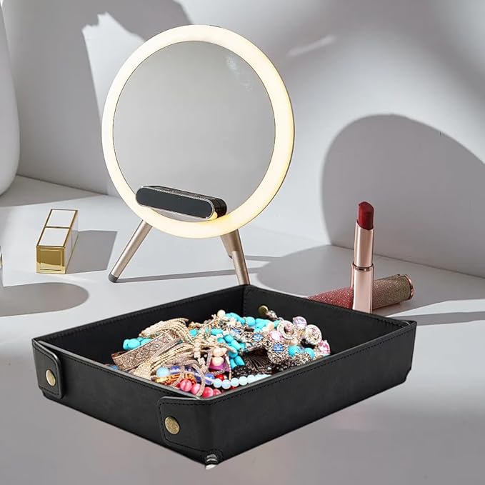 Black PU Leather Jewelry Valet Tray Foldable Leather Necklace Storage Case Portable Catchall Travel Dish Plate Pendant Organizer Holder Container for Men Women Desk Bedside Drawers