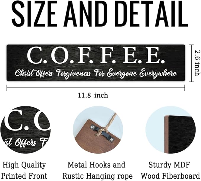 AGMDESIGN Kitchen Cafe Coffee Bar Pub Signs Decor for Wall, Christ Offers Forgiveness for Everyone Everywhere Wooden Sign, Religious Coffee Lover Gifts for Friends, Rustic Cafe Wooden Hanging Plaque