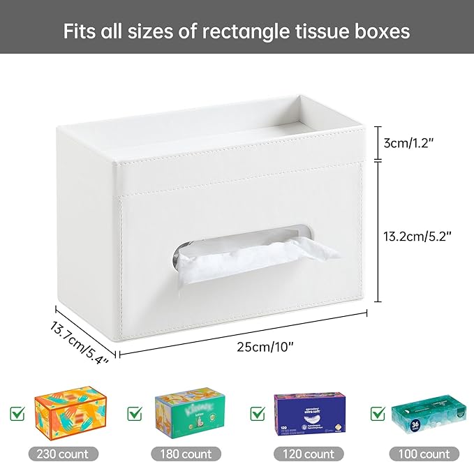 Plus Size Tissue Box Cover Rectangle, PU Leather Tissue Box Holder with Storage Tray, Decorative Organizer Tissue Holder for Bathroom, Bedroom Dresser, Night Stand, Office (Cream-White)