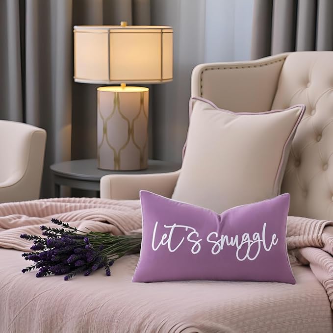 Sunkifover Let's Snuggle Decorative Lumbar Pillow Cover - 14x24 Inch Purple and White Cotton Embroidery Throw Pillowcase for Bed, Bedroom, Living Room, Home Decor