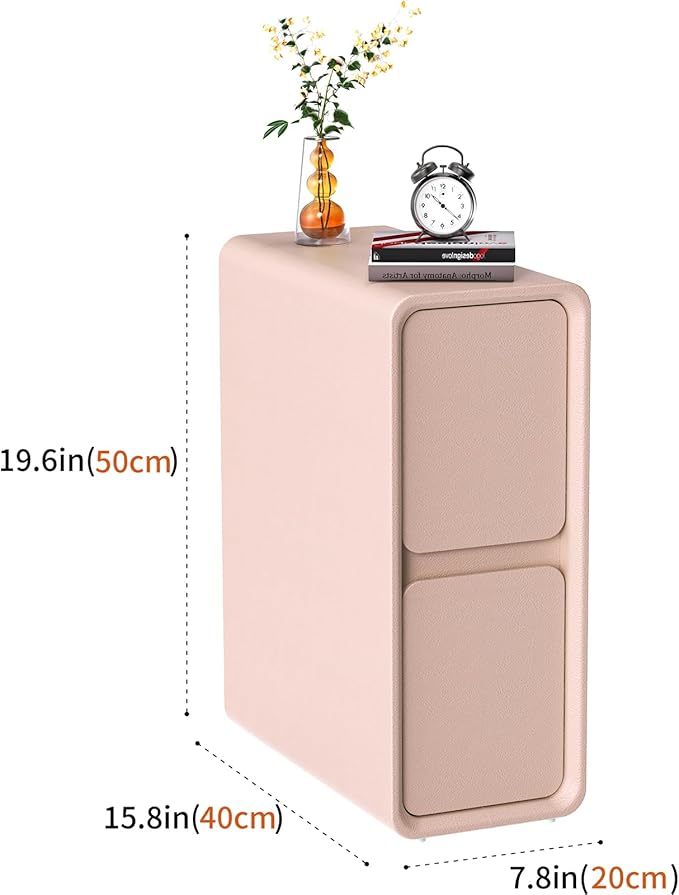 VICITON Modern Narrow Faux Leather Nightstand, Solid Wood Drawer, Storage Accent Table, Small Side End Table for Bedroom (Pink, Narrow)