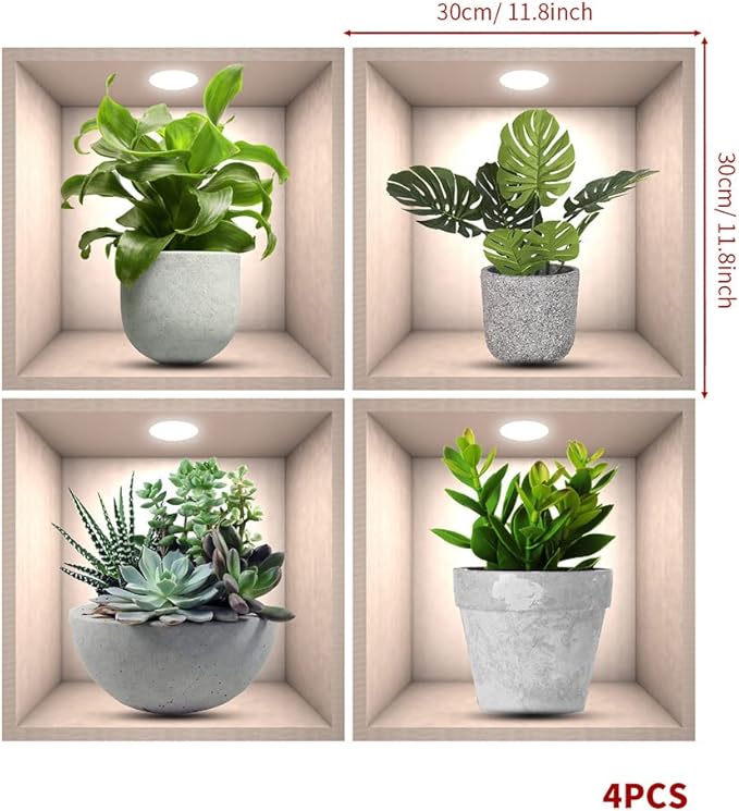 4 Pack 3D Green Plants Wall Stickers Botanical Plants Wall Decals for Bedroom Living Room Kitchen