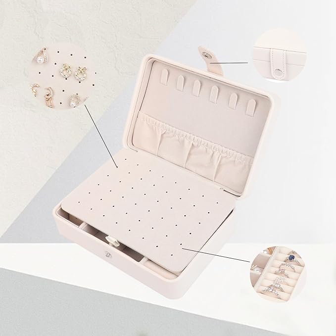 Travel Jewelry Organizer Box, Small Jewelry Box Organizer with Necklace Hooks Ring Slots and Removable Dividers for Storage and Organization