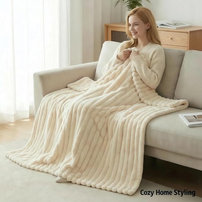 Faux Fur Blanket Twin/Twin XL - 60x80 Inch Soft & Warm Fluffy Throw for Bed, Sofa, Camping | 350GSM Cloud-Touch Microfiber | Cozy Essentials for Travel & Movie Nights, Striped White