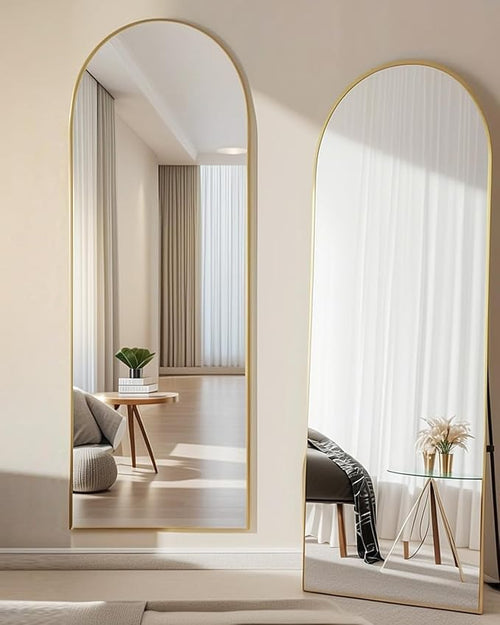 58"x18" Arched Full Length Mirror, Floor Mirror With Stand, Freestanding,Wall Mounted Hanging or Leaning Arched-Top Full Body Mirror for Bedroom, Dressing Room -Gold