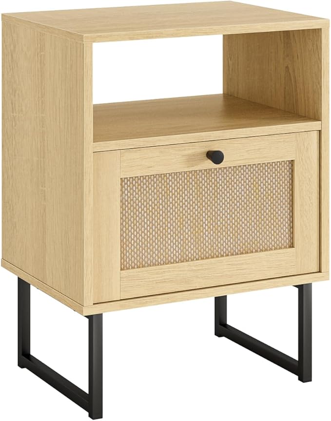 Rattan Nightstand, Mid Century Modern Night Stand,Boho Farmhouse Wood Bedside Table with Storage and Open Shelf, End Side Accent Table for Bedroom,Living Room,Oak