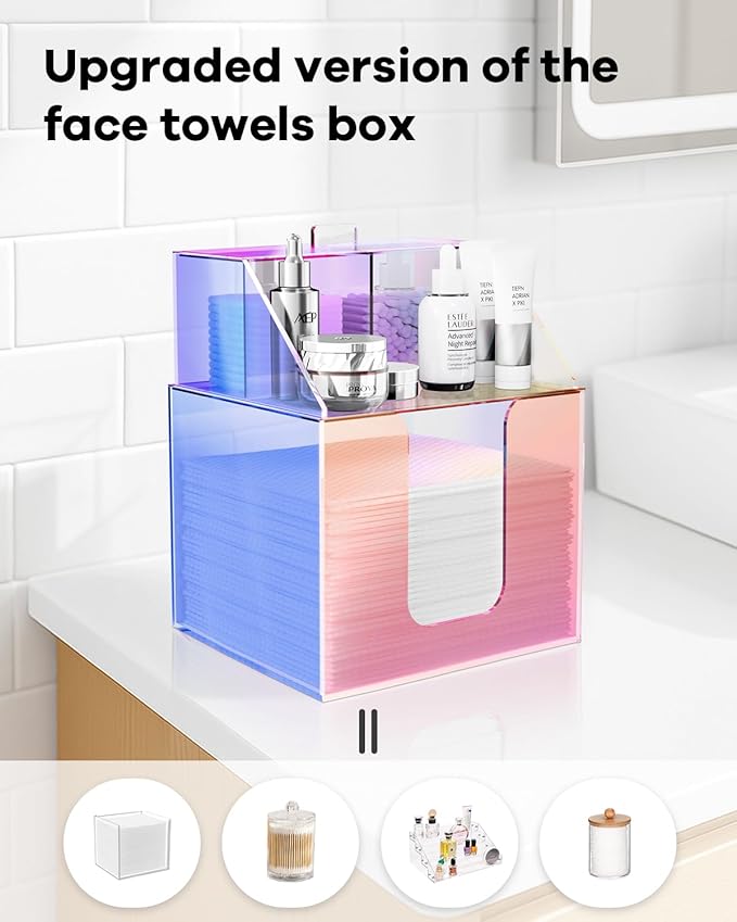 Disposable Facial Towels Storage Box Compatible with Clean Skin Club Clean Towel XL - Cotton Pads - Swabs Upgraded Double Layer Acrylic Storage Container Face Towel Holder (Glossy Rainbow)