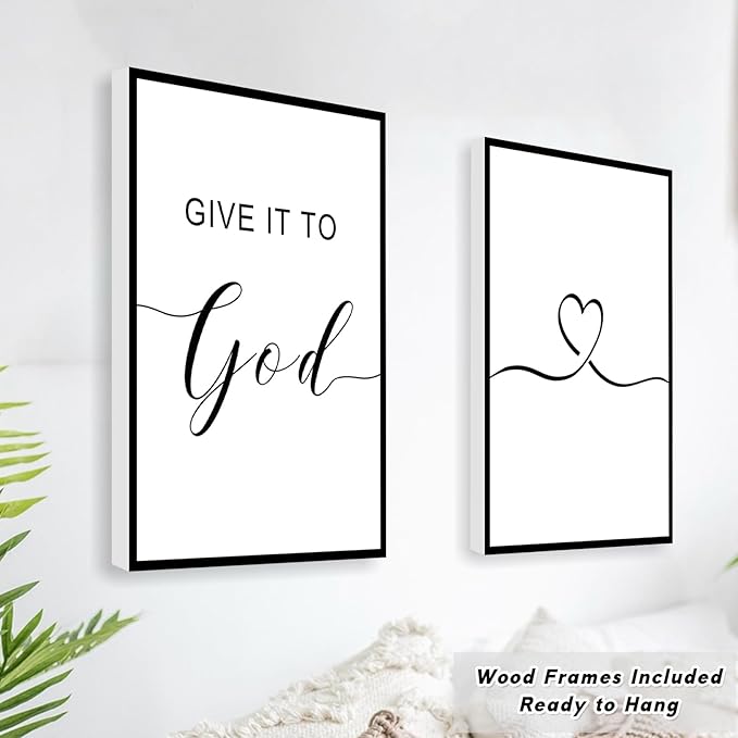 Framed Give it to God and Go to Sleep Signs 36x16”, Above Bed Wall Decors, Black And White Bedroom Decor (12x16 inches, Set of 3, Framed, Black)