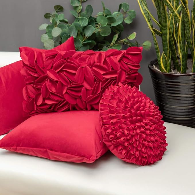 KINGROSE Handmade 3D Flower Throw Pillow Cover Decorative Cushion Cover Soft Pillow Case Sham for Sofa Couch Bed Living Room Home 12 X 20 Inches Velvet Christmas Red