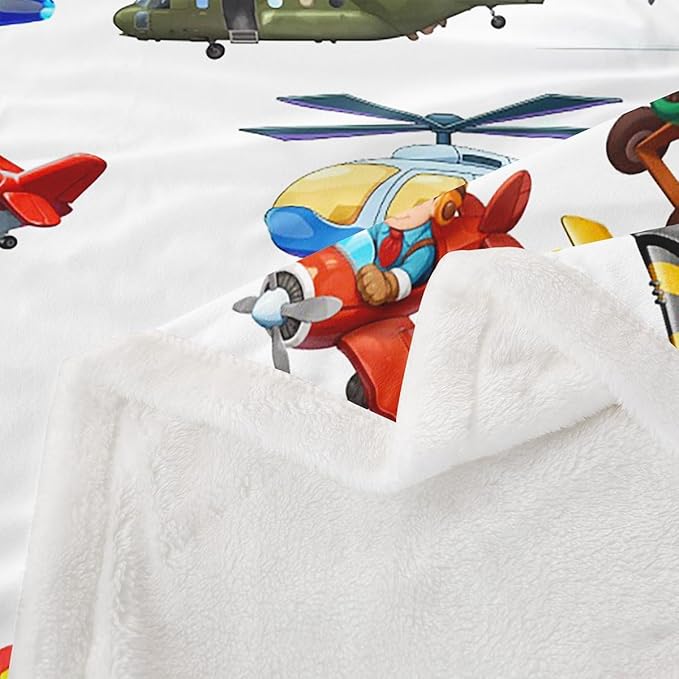Aircraft Sherpa Blanket - 3D Printed Airplane Blanket Throw for Kids & Teens, Fighter Flight & Helicopter Theme, Ultra Soft Fuzzy Fleece, 50"x60" White