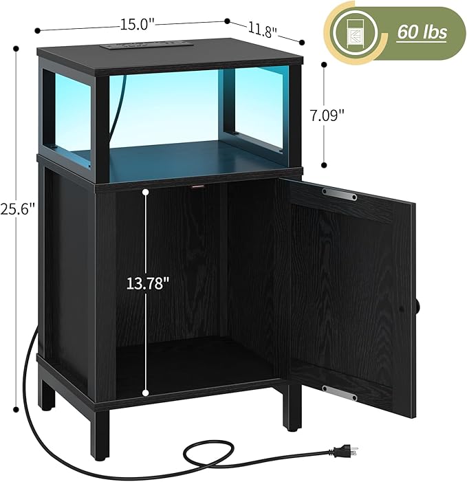 Yoobure Farmhouse NightStand with Charging Station，Wood Night Stand End with USB Ports, LED Bed Side Table with Storage Cabinet，Bedside Table for Bedroom, Living Room Black