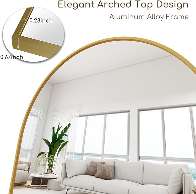 Arched Full Length Mirror, 64 "x 21" Floor Length Mirror with Stand, Wall Mounted Mirrors, Standing Mirrors with Aluminum Alloy Frame, Freestanding, Wall-Mounted or Leaning(Gold)