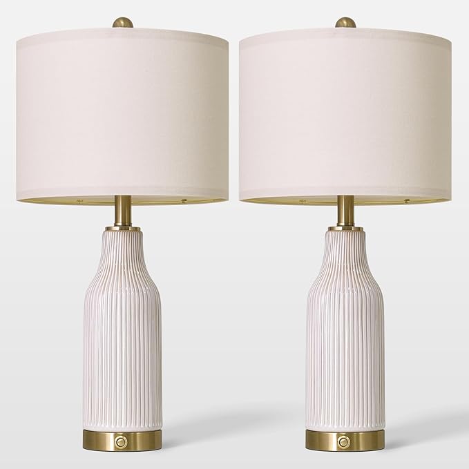 24.5" Modern 3-Way Dimmable Touch Control with 5FT Cord & USB A+C Ceramic Lamps Set of 2 Table Lamp for Living Room Bedroom Farmhouse Nightstand Bedside White