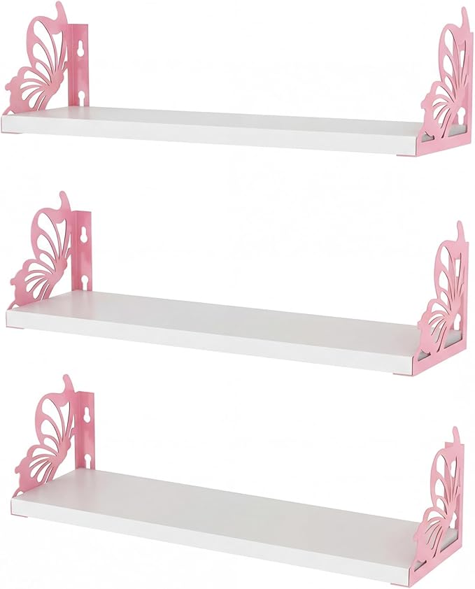 Hoikwo 3 Pack Butterfly Wall Shelves, White Pink Floating Book Shelves, for Mother, Mom, Women, Girls, for Preppy Room Decor, Living Room, Bedroom Decor Aesthetic