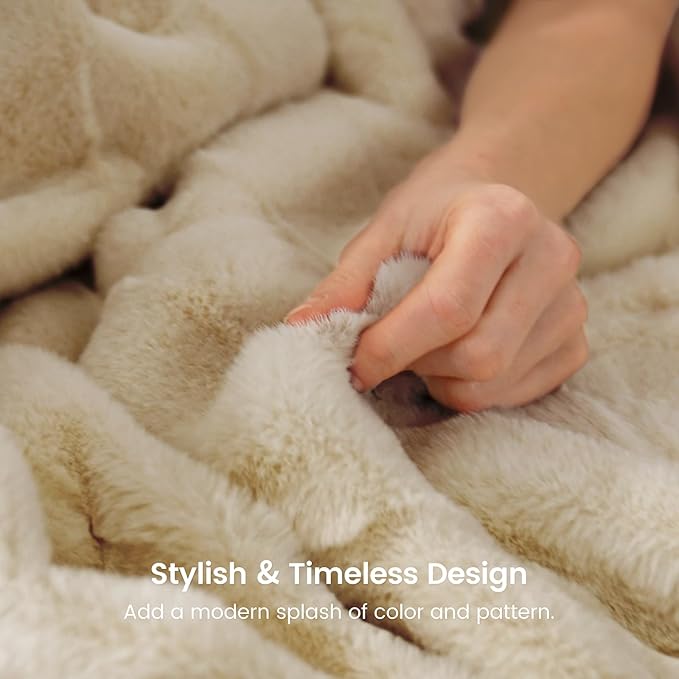 Cozy Bliss Fluffy Faux Fur Blanket King Size for Bed, Fuzzy Soft Striped Plush Blanket, Thick Throw for Bedroom Couch Gift, 108x90 Inches Beige