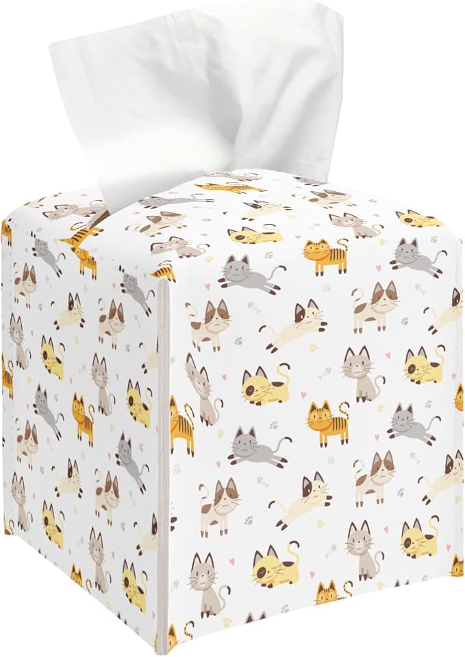 Cute Cats Tissue Box Cover, Modern Tissue Holder Square with Bottom Belt for Home Bathroom Office Car Nightstand Vanity Desk, Housewarming Gifts Ideas for Women Friends Mom -21
