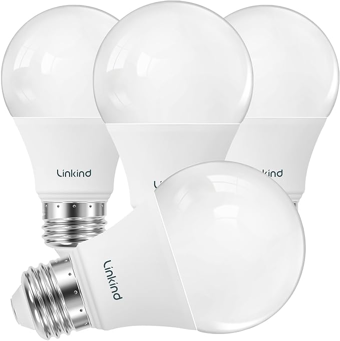 Linkind A19 LED Light Bulb, 60W Equivalent, 2700K Soft White Light Bulbs, 800 Lumens 8.5W Non-Dimmable LED Bulbs, E26 Standard Base, Energy Efficient for Bedroom Home Office, 4 Packs