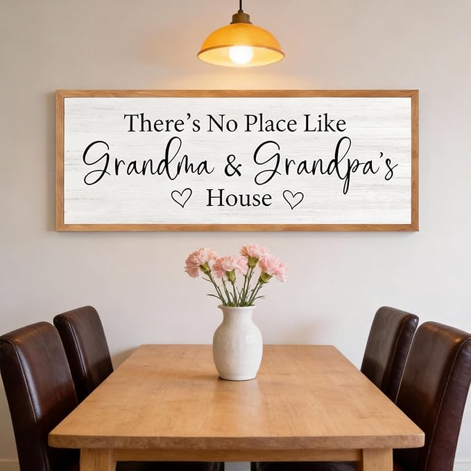 There’s No Place Like Grandma and Grandpa’s House Wall Decor: 32x12 Inch Framed Wooden Family Quote Sign, Rustic Farmhouse Wall Art for Grandparents’ Home, Living Room or Entryway, Natural