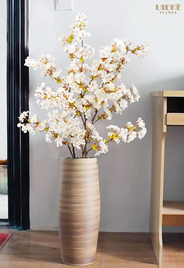 Uieke 24Pcs Silk Cherry Blossom Branches, 39.3in Artificial Cherry Blossom Tree Stems, Fake Plum Blossom Flowers Arrangement for Wedding Home Japanese Decor, White
