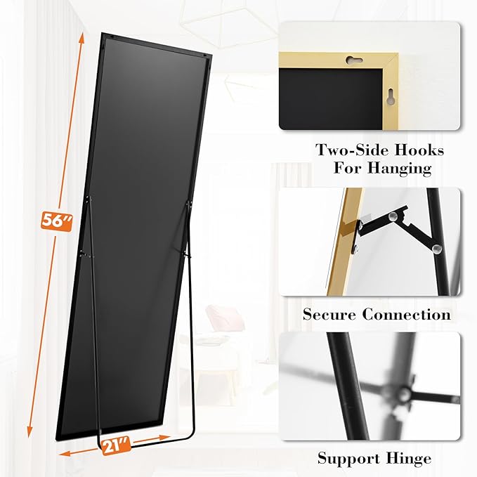DUMOS Full Length Mirror 21"x 56.5" for Bedroom, Full Body Mirror with Stand, Hanging or Leaning for Wall, Aluminum Alloy Thin Frame Floor Standing for Living Room, Long, Gold
