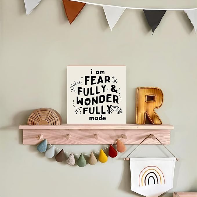 Lacama Christian Nursery Wooden Box Sign, I Am Fearfully and Wonderfully Made Bible Verse Decorations Wood Block Signs, Inspirational Religious Wood Sign for Kids Room Desk Shelf Wall Decor 5x5 Inches