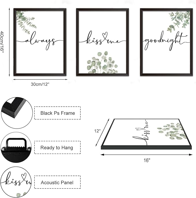 Always Kiss Me Goodnight Wall Art Framed Set of 3, Botanical Prints for Bedroom, Sage Green Eucalyptus Decor Above Bed, Love Theme Modern Couples Master Bedroom Wall Decorations 12x16 Inch