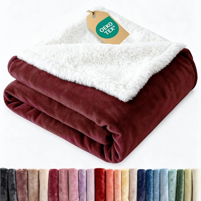 Sherpa Fleece Blanket Throw Size - Reversible Sherpa Fleece Throw Blanket - Super Soft Double Sided for Bed, Sofa, Couch - Thick, Warm, & Plush - Luxurious Bedding for Winter - Burgundy, 50" x 60"