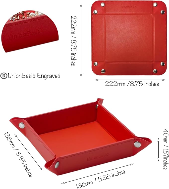 UnionBasic Small Valet Tray, Jewelry Tray for Rings Watches Earrings, Entryway Catchall Caddy for Coins Keys Change, Nightstand Bedside Valet Holder, Trays for Electronic Gadgets, Red