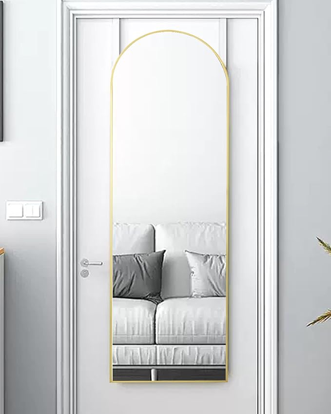 DOOR-16"x50" Arched Full Length Mirror - Free Standing, Leaning & Hanging Mounted - Aluminum Frame Modern Simple Home Decor for Living Room, Bedroom & Cloakroom, Gold