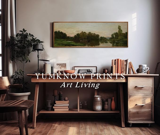 Rolled Canvas Vintage Farmhouse Bedroom Wall Decor Above Bed - Horizontal Wall Art Entryway - 16x48 - Panoramic Landscape Picture Sign - Canvas Muted Moody Pond Boat Cottagecore Fishing Print Poster