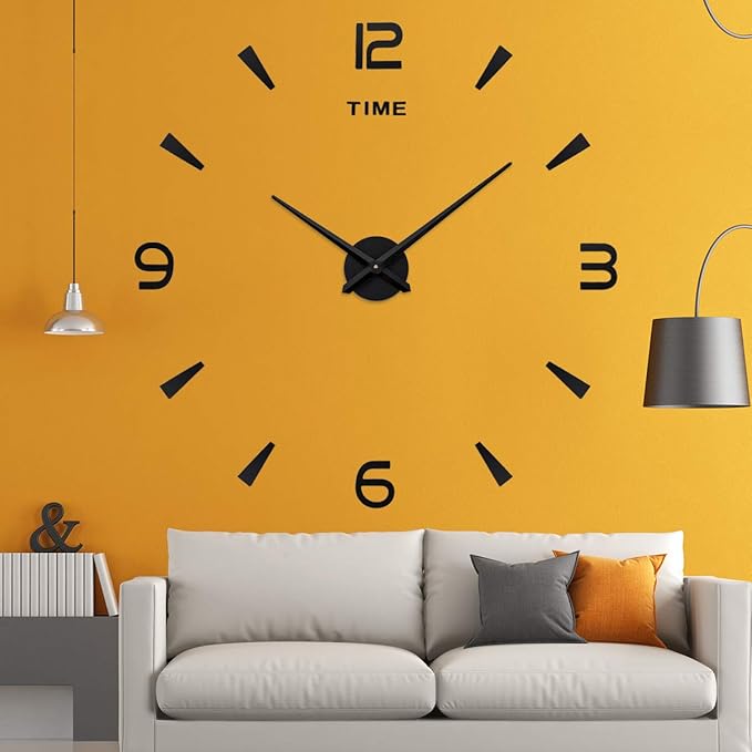 AILILIFE 3D DIY Wall Clock Decor Sticker Mirror Frameless Large DIY Wall Clock Kit for Home Living Room Bedroom Office Decoration (Black)