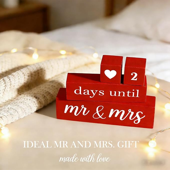 6 Pcs Wooden Engagement Gifts for Couples Wood Engagement Party Decorations Block Wedding Day Countdown Calendar Fiance Gifts for Women Future Mr Mrs Newly Engaged Couples, Red