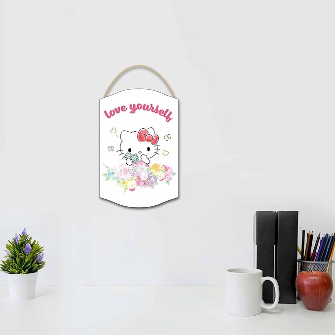 Hello Kitty Love Yourself Hanging Wood Wall Decor - Cute Hello Kitty Sign for Bedroom or Play Room