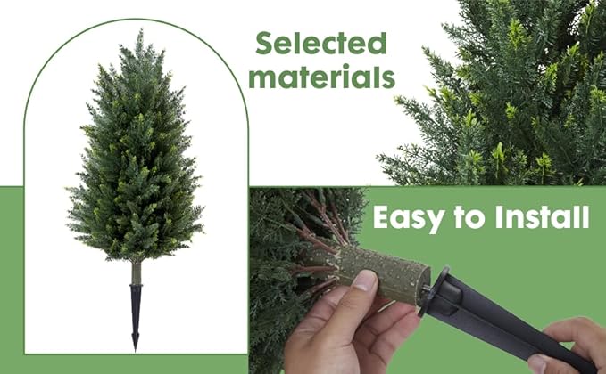 Pair Artificial Cedar Topiary Trees, 3ft UV-Resistant Faux Cypress shrubs w/Ground Spikes (Including Lights),Tall Evergreen Decorative Plants for Outdoor & Indoor Porch, Patio, and Garden