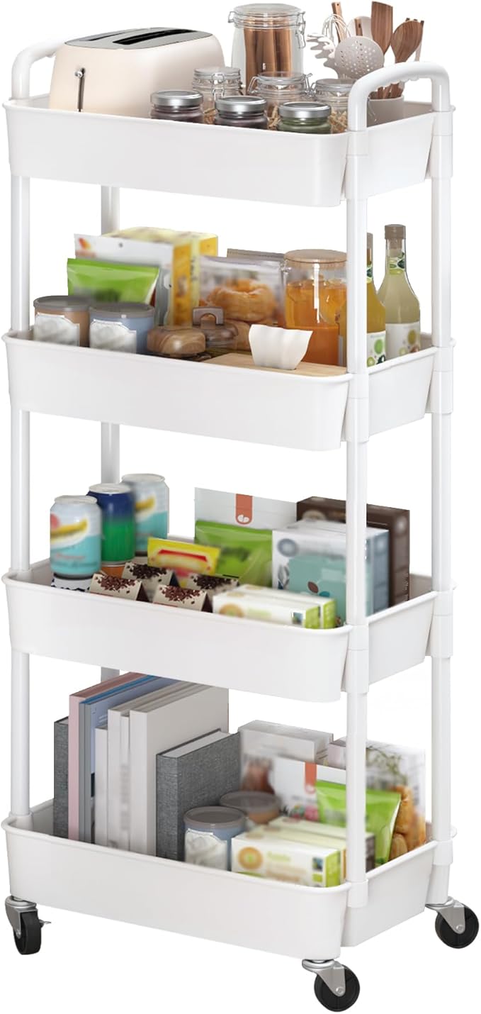 Sywhitta 4-Tier Plastic Rolling Utility Cart with Handle, Multi-Functional Storage Trolley for Office, Living Room, Kitchen, Movable Storage Organizer with Wheels, White