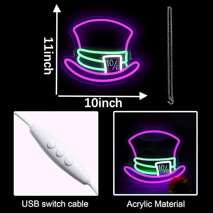 Mad Hatter Hat Neon Signs for Wall Decor Dimmable Alice in Wonderland LED Lights for Bedroom Man Cave Party Bar Background Decoration Birthday and Halloween Gifts, 11.42 * 9.8 Inches