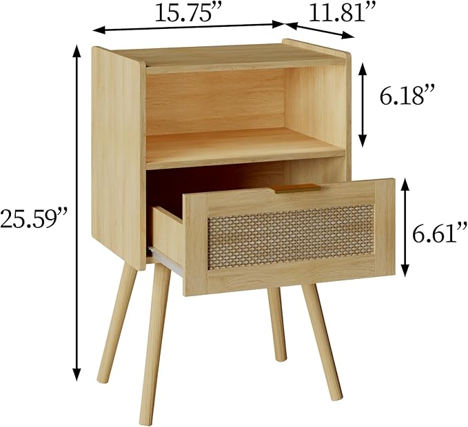 Nightstand,Modern Bedside Table with Storage Drawer and Open Wood Shelf, Accent Night Stand with Solid Wood Legs for Living Room, Bedroom and Small Spaces,Easy Assembly (Oak-Rattan)